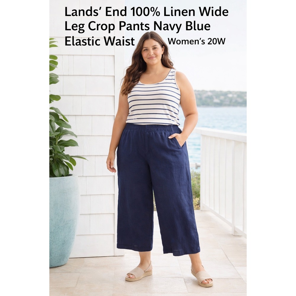 Lands' End Linen Wide Leg Crop Pants Navy Blue Elastic Waist Summer Women's 20W